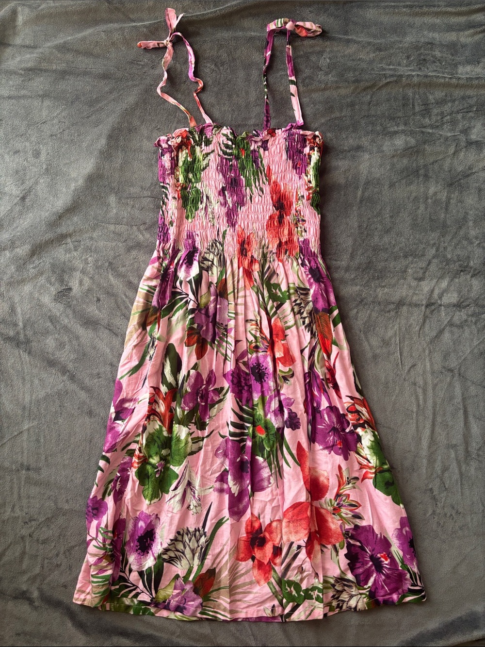 Pink Floral Tie-Strap Sundress with Smocked Bodice